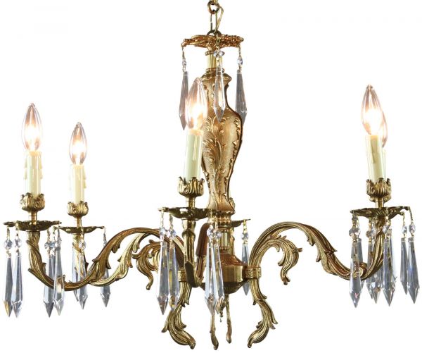 Chandelier French 1950 Vintage 5-Arms 5-Lights Gilded Metal Glass Pendants