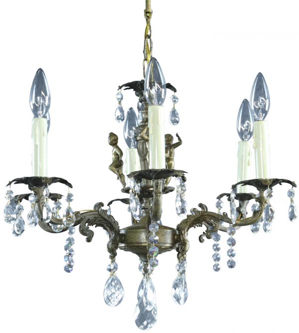 Chandelier Ceramic Floral Metal Vintage French 1950 6-Arm 6-Light Very Pretty