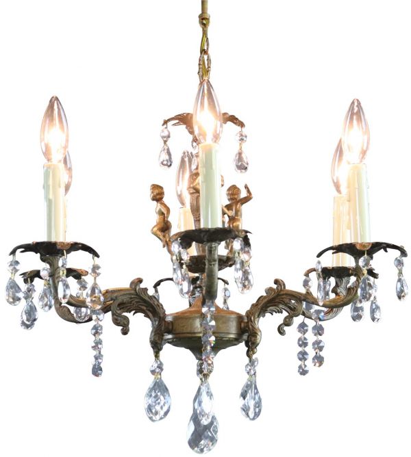 Chandelier Ceramic Floral Metal Vintage French 1950 6-Arm 6-Light Very Pretty