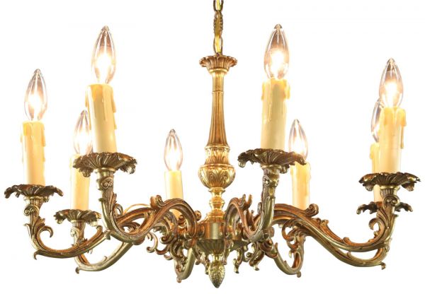 Vintage Chandelier Rococo French 8-Light 8-Arm Brass Metal Realistic Candles