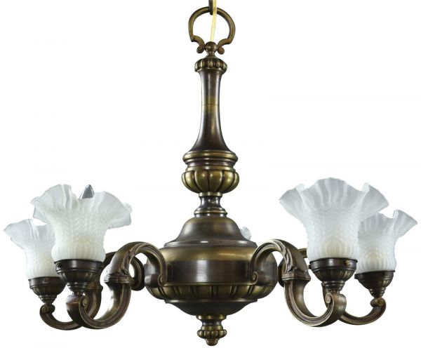 Vintage Chandelier White Glass Shades 5-Light 5-Arm Antique Brass Metal