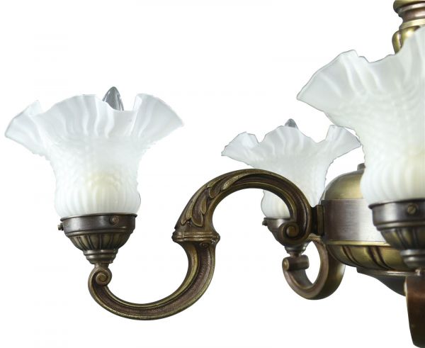 Vintage Chandelier White Glass Shades 5-Light 5-Arm Antique Brass Metal