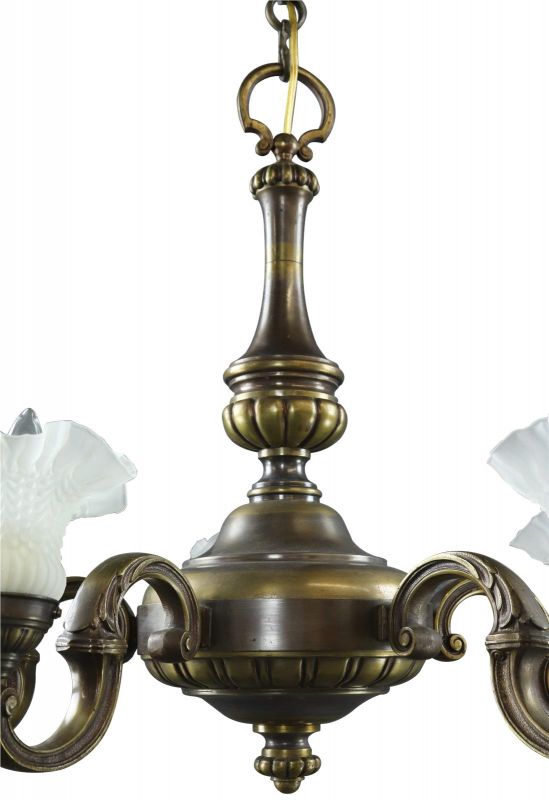 Vintage Chandelier White Glass Shades 5-Light 5-Arm Antique Brass Metal