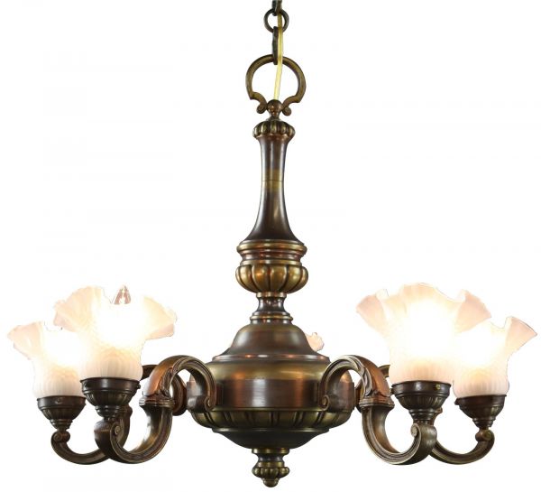 Vintage Chandelier White Glass Shades 5-Light 5-Arm Antique Brass Metal