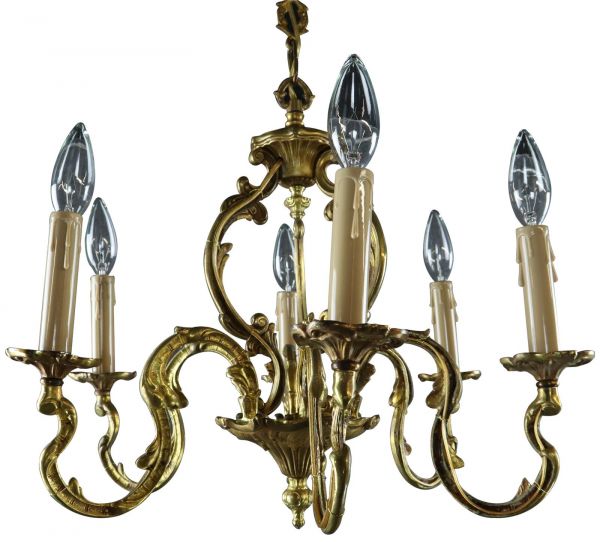 Vintage Chandelier Rococo 6-Light 6-Arm Brass Metal Bronze 25W