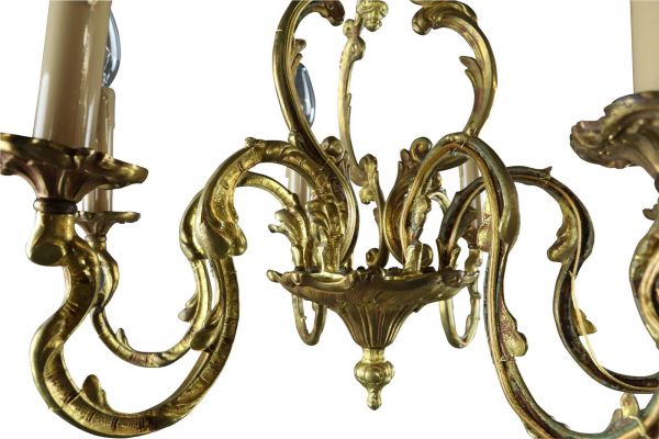 Vintage Chandelier Rococo 6-Light 6-Arm Brass Metal Bronze 25W