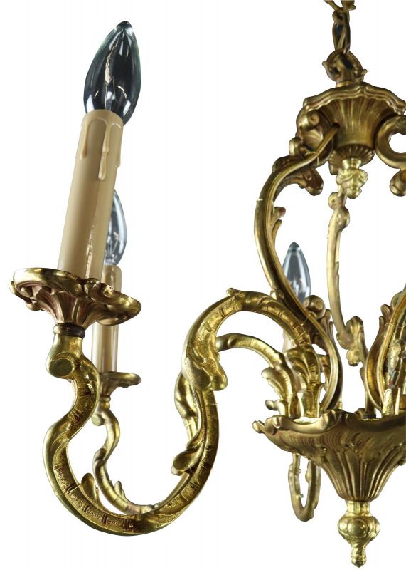 Vintage Chandelier Rococo 6-Light 6-Arm Brass Metal Bronze 25W
