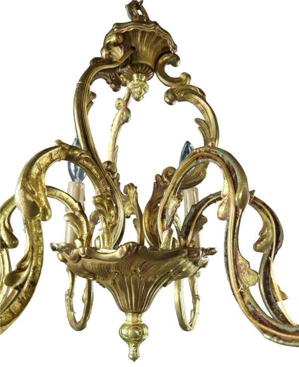 Vintage Chandelier Rococo 6-Light 6-Arm Brass Metal Bronze 25W