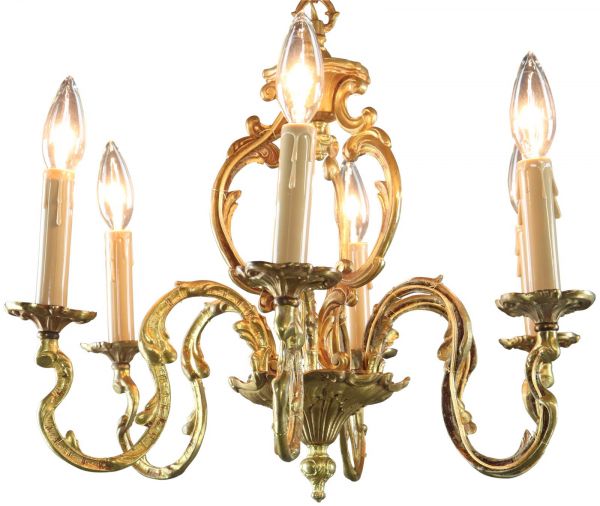 Vintage Chandelier Rococo 6-Light 6-Arm Brass Metal Bronze 25W