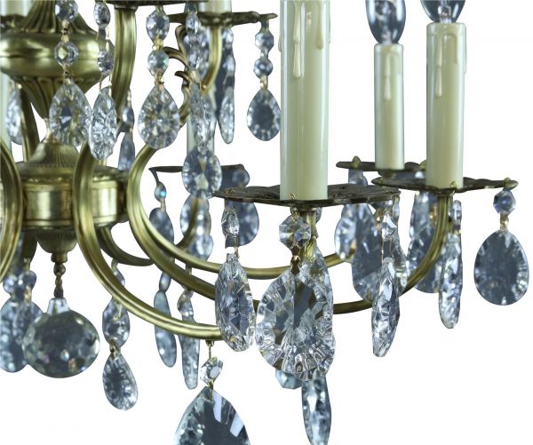 Chandelier Vintage French 1950 Rococo 12-Light Glass Crystals, Brass Tone Metal