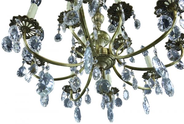 Chandelier Vintage French 1950 Rococo 12-Light Glass Crystals, Brass Tone Metal