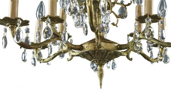 Vintage Chandelier Rococo Crystal 12-Light 6-Arm Brass Metal French 1950