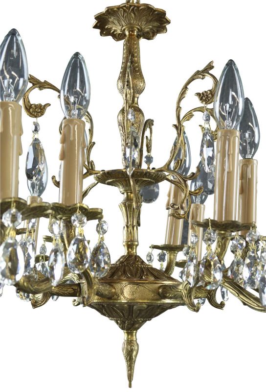 Vintage Chandelier Rococo Crystal 12-Light 6-Arm Brass Metal French 1950