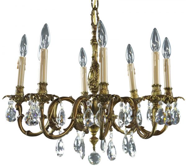 Vintage Chandelier Rococo Pear Shaped Glass Pendants 8-Light Antique Brass Metal