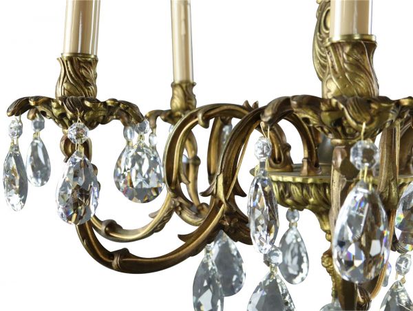 Vintage Chandelier Rococo Pear Shaped Glass Pendants 8-Light Antique Brass Metal