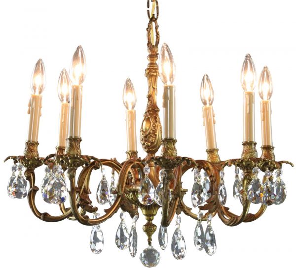 Vintage Chandelier Rococo Pear Shaped Glass Pendants 8-Light Antique Brass Metal