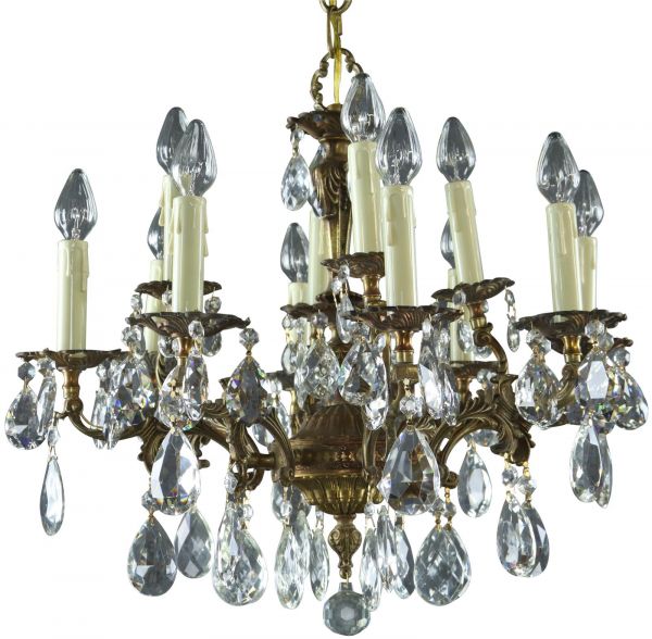 Vintage Chandelier Rococo 8-Arm 12-Light Glass Pendants Antique Brass Metal
