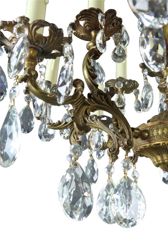 Vintage Chandelier Rococo 8-Arm 12-Light Glass Pendants Antique Brass Metal