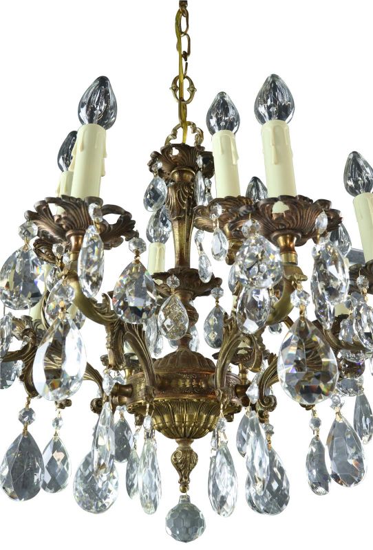 Vintage Chandelier Rococo 8-Arm 12-Light Glass Pendants Antique Brass Metal