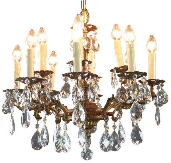 Vintage Chandelier Rococo 8-Arm 12-Light Glass Pendants Antique Brass Metal