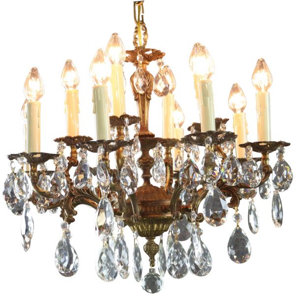 Vintage Chandelier Rococo 8-Arm 12-Light Glass Pendants Antique Brass Metal
