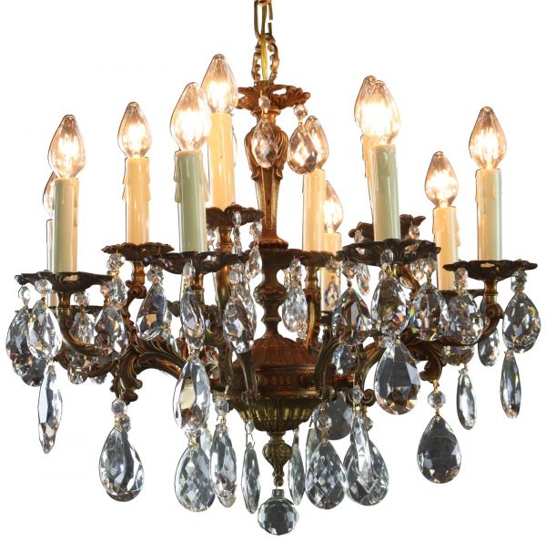 Vintage Chandelier Rococo 8-Arm 12-Light Glass Pendants Antique Brass Metal