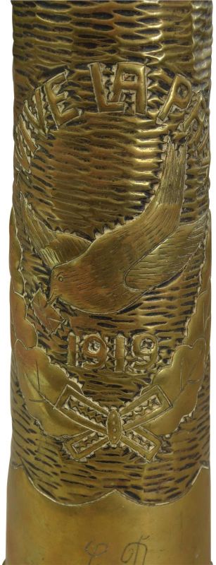 Antique Shell Case Vase Trench Art Militaria Dove In Flight Vive La Paix 1919
