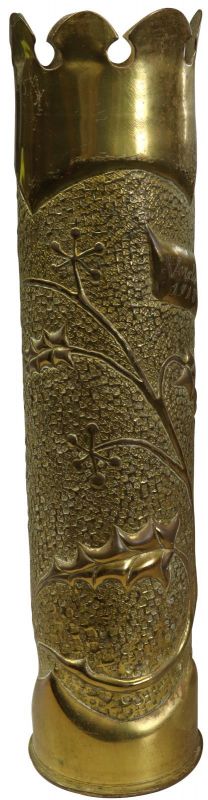 Antique Shell Case Vase Trench Art Militaria Ivy Leaf Verdun 1918 Brass