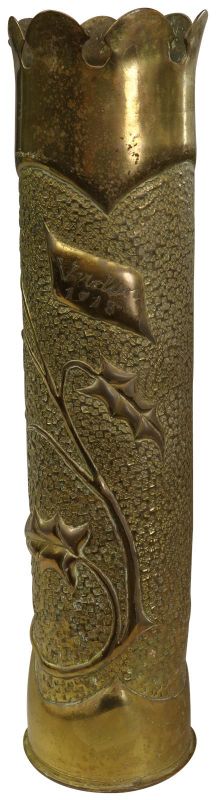 Antique Shell Case Vase Trench Art Militaria Ivy Leaf Verdun 1918 Brass