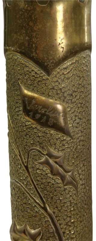 Antique Shell Case Vase Trench Art Militaria Ivy Leaf Verdun 1918 Brass