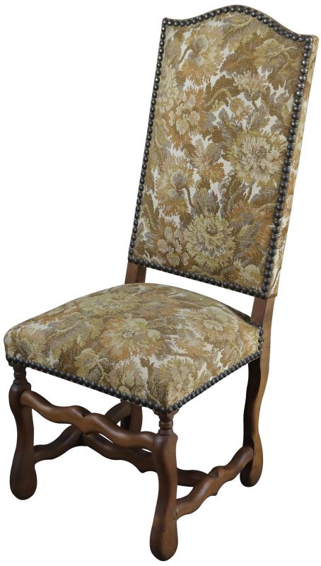 6 Vintage Dining Chairs French Sheepbone 1950, Oak Wood, Brown Gold Upholstered