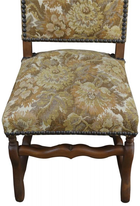 6 Vintage Dining Chairs French Sheepbone 1950, Oak Wood, Brown Gold Upholstered