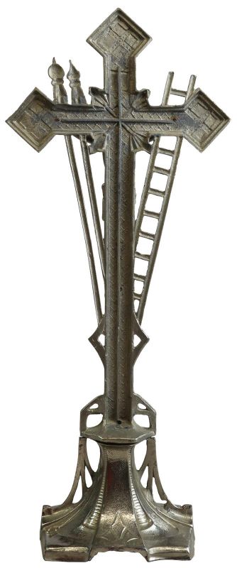 Crucifix Religious Art Nouveau Antique Spear Ladder Silver Metal Standing Cross