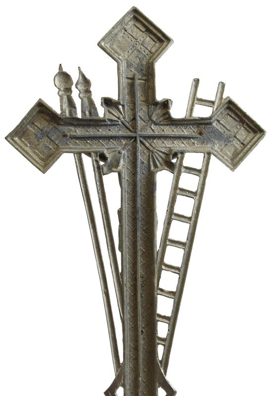 Crucifix Religious Art Nouveau Antique Spear Ladder Silver Metal Standing Cross