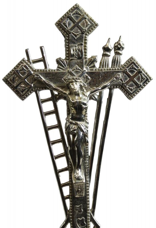Crucifix Religious Spear Ladder Silver Metal Vintage French 1930 Standing Cross