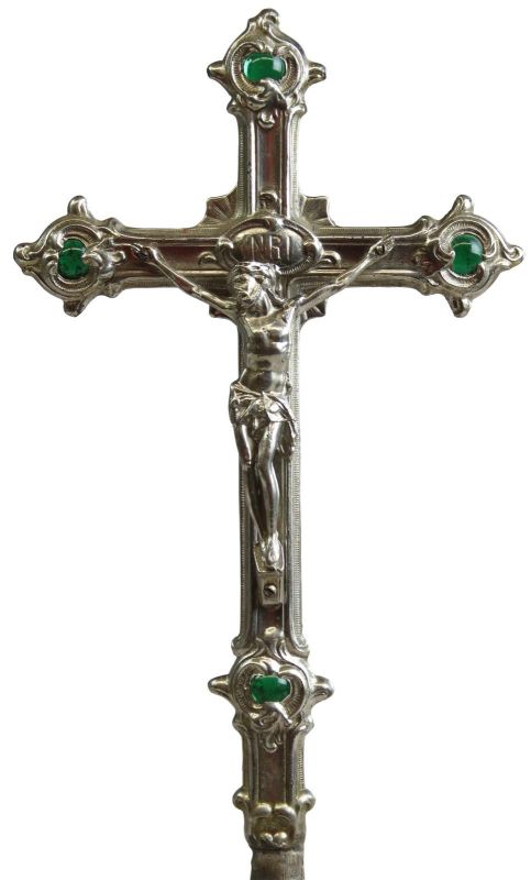 Crucifix Religious Rococo Jesus Green Glass Antique French Metal Standing Cross