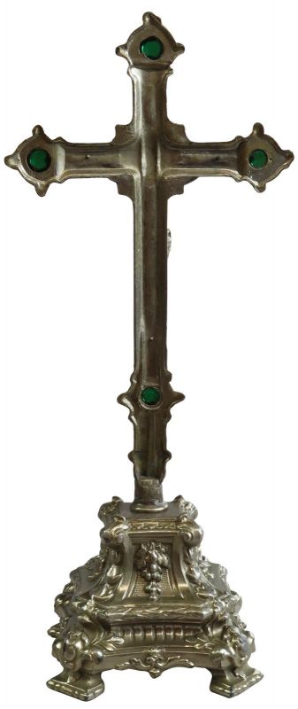 Crucifix Religious Rococo Jesus Green Glass Antique French Metal Standing Cross