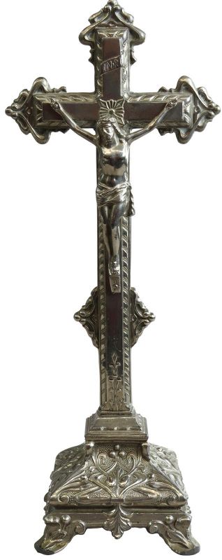 Crucifix Religious Art Nouveau Antique French 1900 Silver Metal Standing Cross