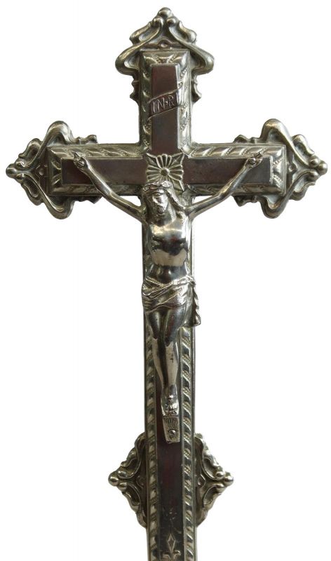 Crucifix Religious Art Nouveau Antique French 1900 Silver Metal Standing Cross