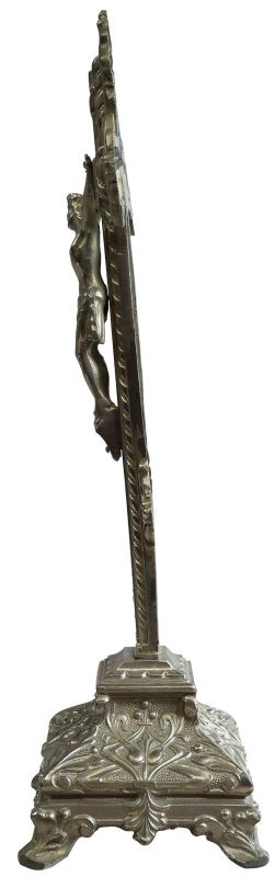 Crucifix Religious Art Nouveau Antique French 1900 Silver Metal Standing Cross