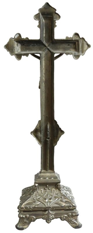 Crucifix Religious Art Nouveau Antique French 1900 Silver Metal Standing Cross
