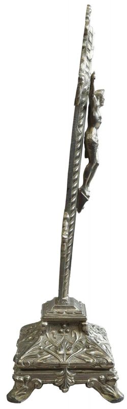 Crucifix Religious Art Nouveau Antique French 1900 Silver Metal Standing Cross