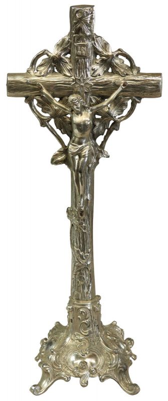 Antique Crucifix Religious Ivy Leaf Rococo Styling Nickel Metal