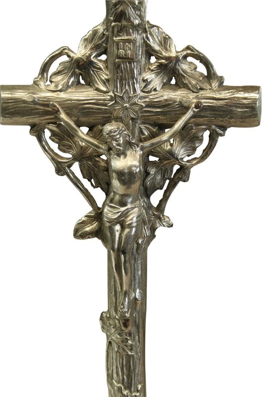 Antique Crucifix Religious Ivy Leaf Rococo Styling Nickel Metal