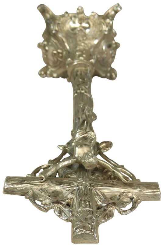 Antique Crucifix Religious Ivy Leaf Rococo Styling Nickel Metal