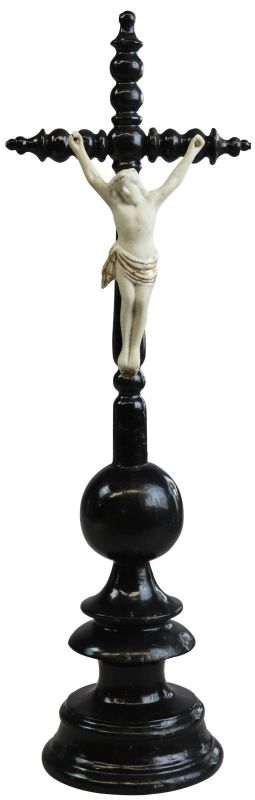Crucifix Religious Jesus Black Wood Silver Bisque Ceramic Antique Standing Cross