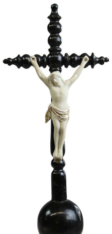 Crucifix Religious Jesus Black Wood Silver Bisque Ceramic Antique Standing Cross
