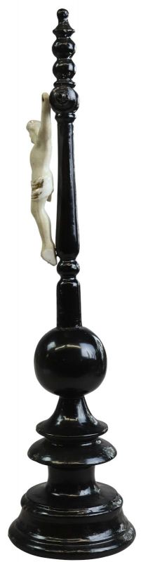 Crucifix Religious Jesus Black Wood Silver Bisque Ceramic Antique Standing Cross