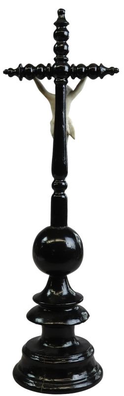 Crucifix Religious Jesus Black Wood Silver Bisque Ceramic Antique Standing Cross