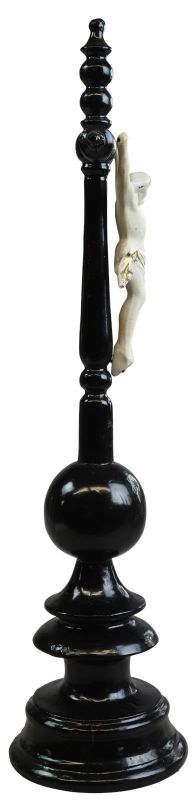 Crucifix Religious Jesus Black Wood Silver Bisque Ceramic Antique Standing Cross